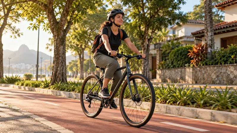 Ciclista com capacete em uma ciclovia arborizada — ilustração editorial gerada por IA