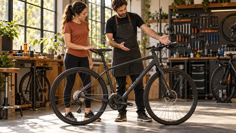 Duas pessoas observam o selim e o guidão de uma bicicleta em uma oficina — ilustração editorial gerada por IA