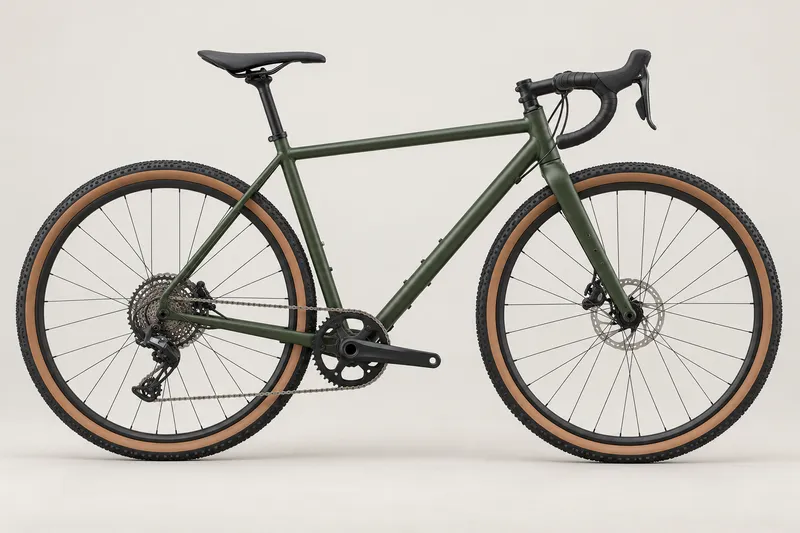 Ilustração de uma bicicleta gravel verde, com guidão curvo e pneus largos de faixa clara, vista de lado