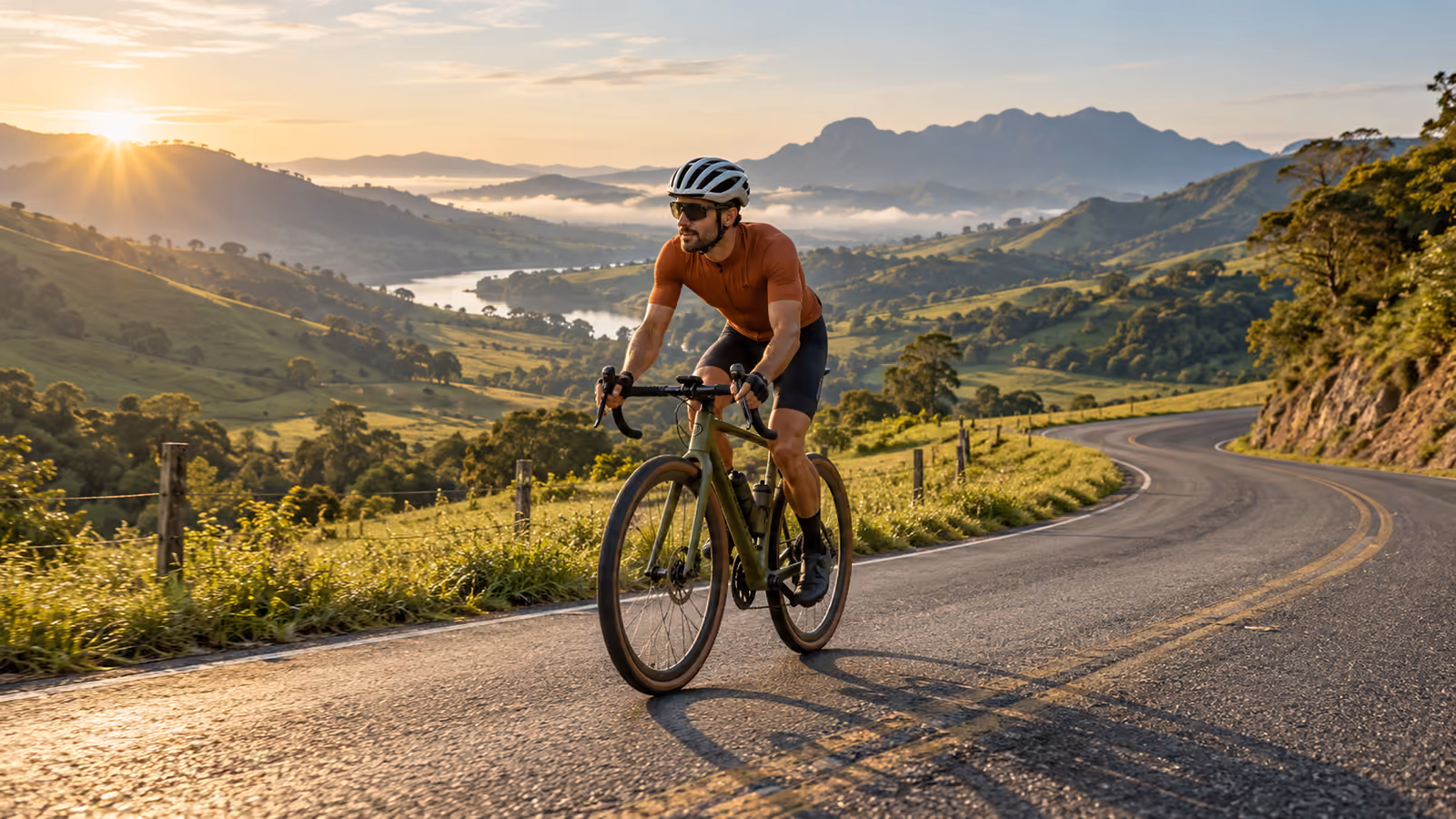 Ciclista de capacete subindo uma estrada de serra ao amanhecer, com vale e rio ao fundo