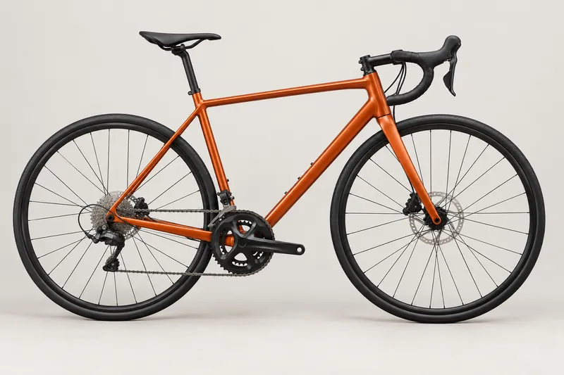 Ilustração de uma bicicleta de estrada laranja, com guidão curvo e pneus finos, vista de lado
