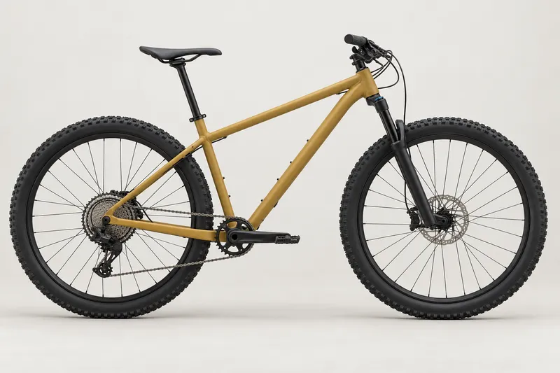 Ilustração de uma mountain bike ocre, com suspensão dianteira e pneus com cravos, vista de lado