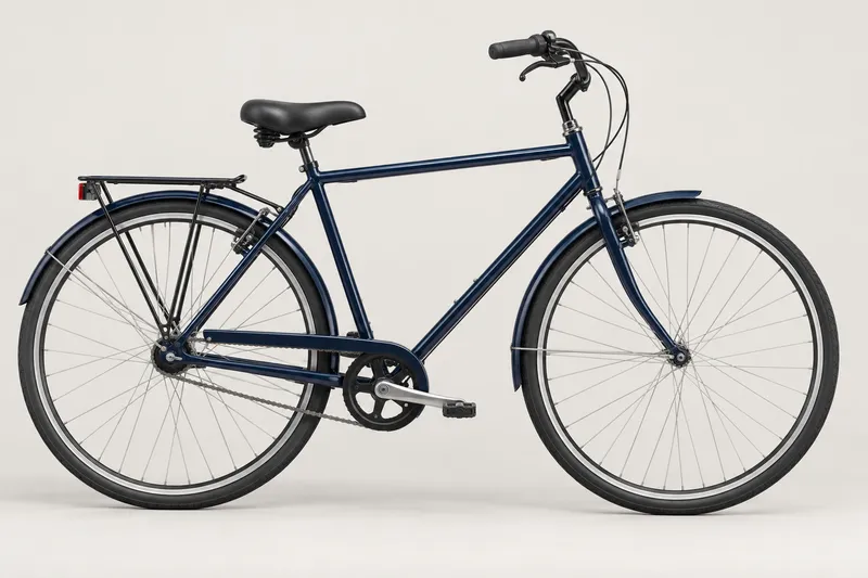 Ilustração de uma bicicleta urbana azul-escura, com bagageiro, paralamas e guidão alto, vista de lado