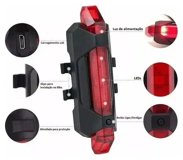 Farol Traseiro Lanterna Luz Leds Sinalizador Bicicleta Usb
